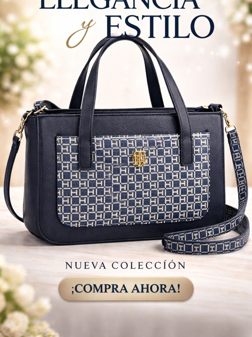 Tommy Hilfiger Navy and White Monogram Satchel with Gold Hardware